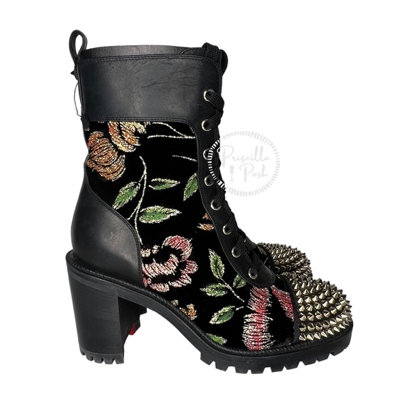 Christian Louboutin Croc Floral Studded Hiking Ankle Boots Black Spike Studded - Picture 11 of 15